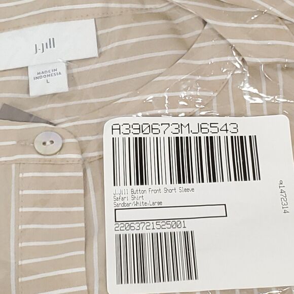 J Jill Button Front Safari Short Sleeve Shirt Women's Sz L Sandbar/White Striped - Picture 3 of 4